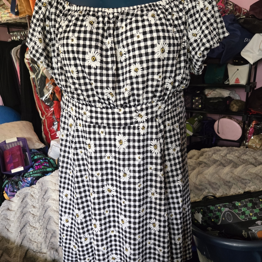 Torrid Black and White Gingham Mini Dress with Daisy Embroidery